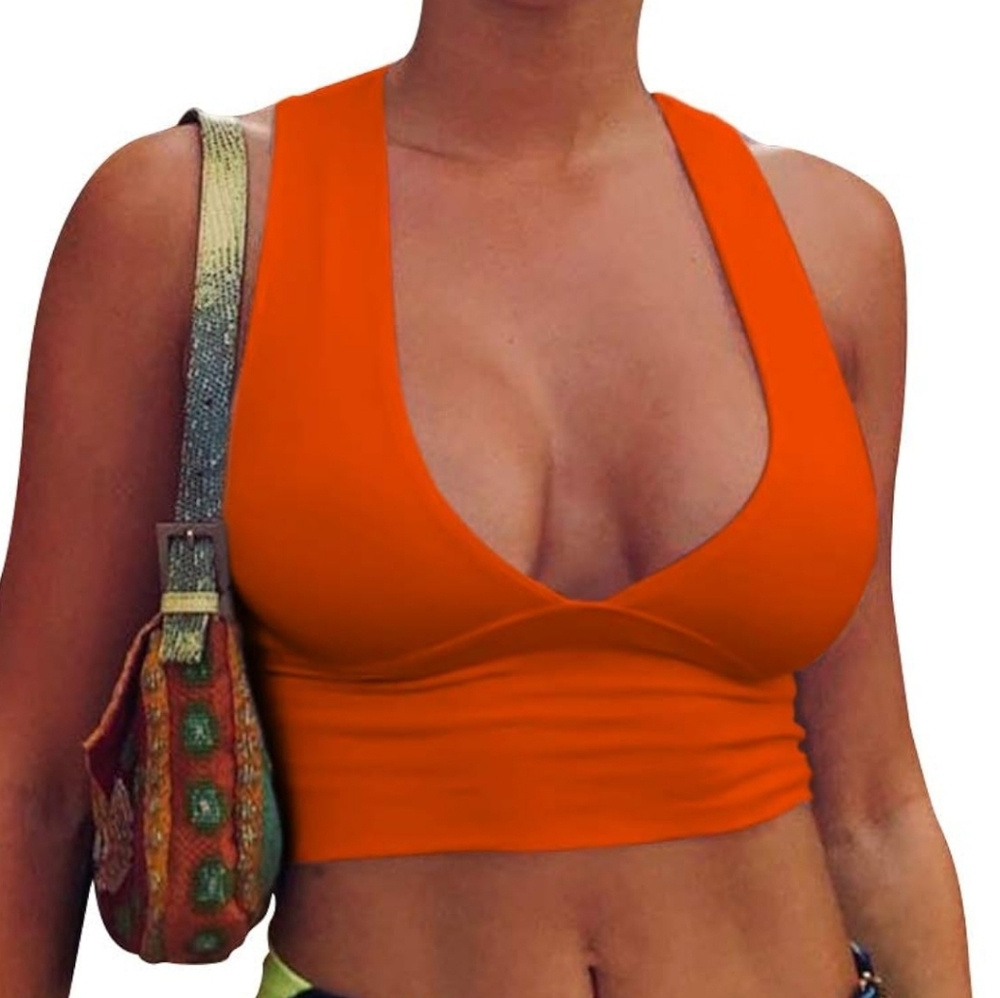 Sexy Crop Tops for Women Deep V Neck Back Cutout Sleeveless Plunge Racerback Tan